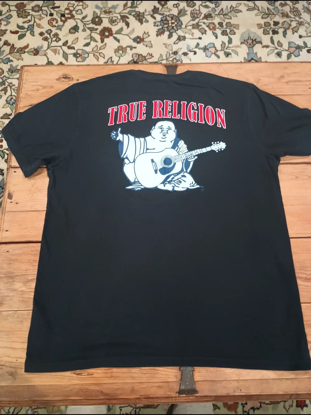 True Religion Graphic Tee in Black with Red and White Logo Buddha On Back XL